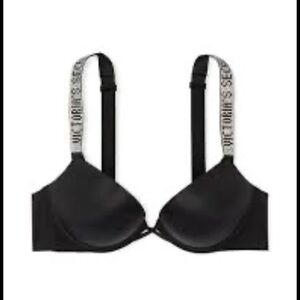 Victorias Secret Bombshell Black Logo Shine Strap Add-2-Cups Push-Up Bra 34C